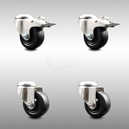 3 Inch 316SS Hard Rubber Wheel Swivel Bolt Hole Caster Set With 2 Lock Brake SCC